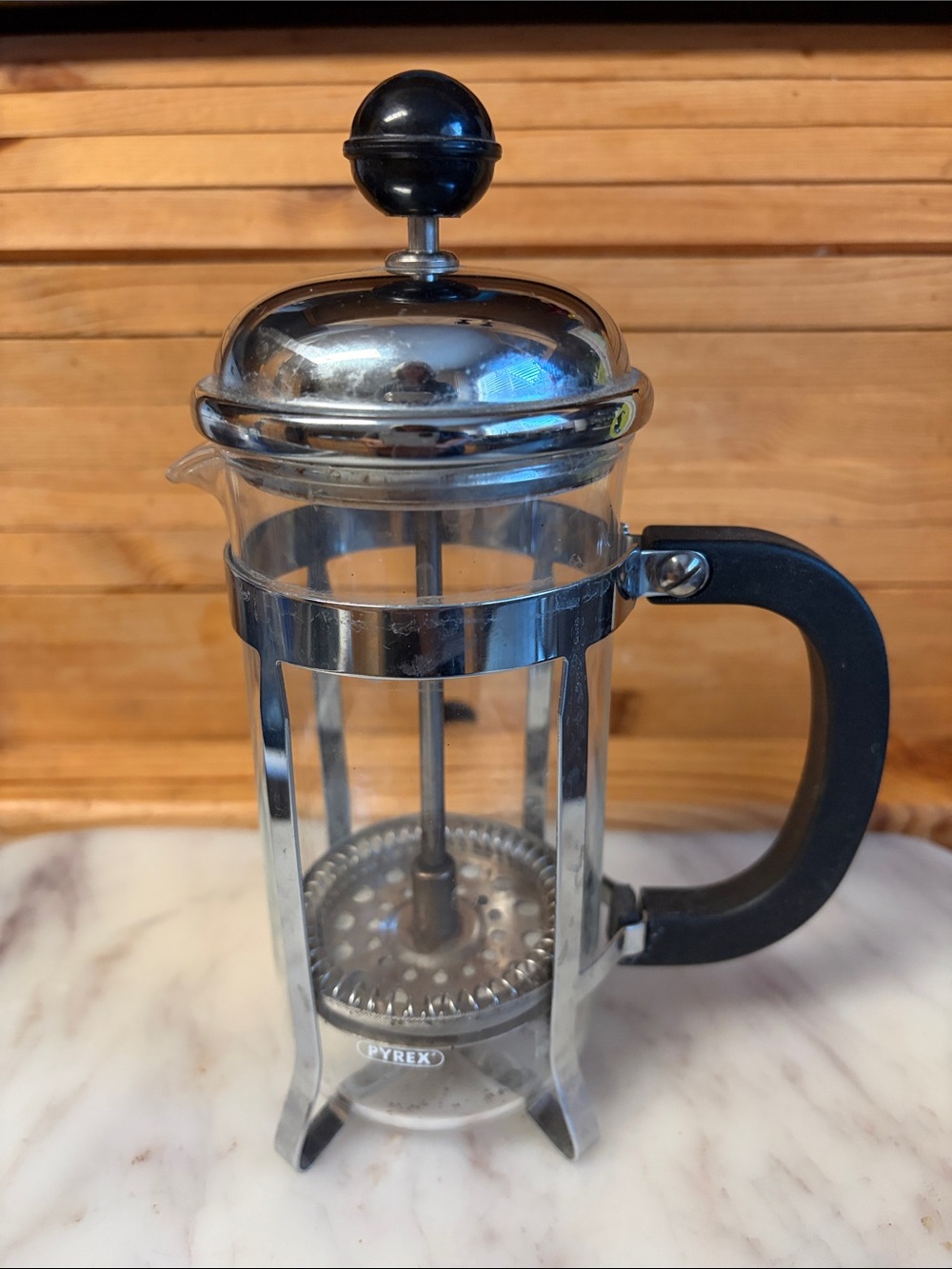 Vintage Pyrex Clear Glass French Press Coffee Maker with Black Handle